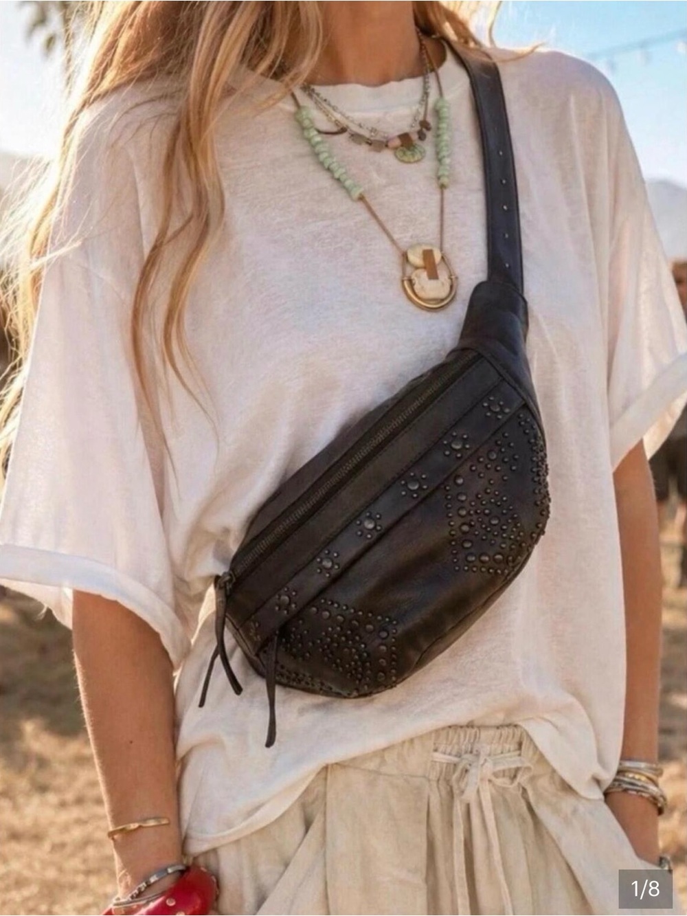 Free People Hobo Studded Black Leather Crossbody Belt Bag